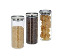Relaxdays 10028000 Storage Jars Set of 3, 1.5 L, Airtight, Stainless Steel Lids, Food Containers, Pasta, Rice, Glass, Silicone, Transparent Silver