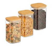 Relaxdays Storage Jars with Bamboo Lids, Set of 3, Square, 1200 ml Each, Dry Food Storage, Glass, Transparent/Natural