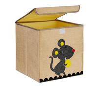 Relaxdays Storage Kids, Mouse Print, Basket, Foldable, HxWxD: 33 x 33 x 33 cm, Toy Box, Beige/Grey, Cotton