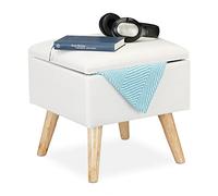 Relaxdays Storage Ottoman, Faux Linen Cover, Padded, Wooden Legs, Lidded Seat, HWD 40x40x40 cm, White