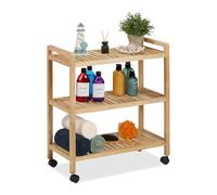 Relaxdays Storage Shelf, Wood, HxWxD: 72 x 65 x 31 cm, Rack on Wheels, 3 Tiers, for Bathroom & Kitchen, Natural, Plastic