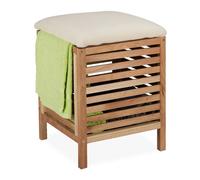 Relaxdays Storage Stool, Walnut & Fabric, 35 l Laundry Basket with Seat, Towels & Blankets, HxWxD: 51x39x39 cm, Natural, Wood