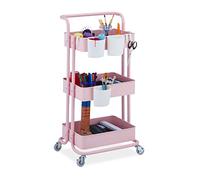 Relaxdays Storage Trolley, 3 Shelves, All-Purpose, Rolling Shelf H x W x D approx. 86 x 38 x 39 cm, Metal, Pink, Steel