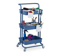 Relaxdays Storage Trolley, 3 Shelves, All-Purpose, Rolling Shelf H x W x D approx. 86 x 43 x 42 cm, Metal, Blue, Steel