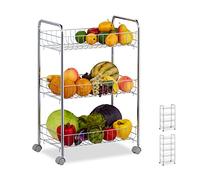 Relaxdays Storage Trolley, 3 Tiers, Rolling Cart for Kitchen & Bathroom & Office, HBT 62.5 x 40.5 x 26.5 cm, Silver