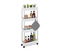 Relaxdays Storage Trolley, Rolling Cart, Space Saving Shelf, Kitchen, 4 Shelves, Plastic, HBT 98 x 15.5 x 40.5 cm, White, Stainless Steel
