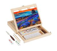 Relaxdays Table Easel, Wooden, 19-piece, Height Adjustable, Mixing Palette, Painting Brushes, Portable, Natural, Wood, Stainless steel, Plastic, 36 x 27 x 7 cm