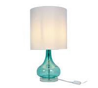Relaxdays Table Lamp, Glass Base & Fabric Shade, E27, H x D: 62 x 30.5 cm, Table Lamp with Cable, Living Room, White/Blue