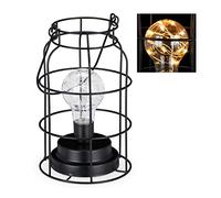 Relaxdays Table Lamp, Grid Light, LED Bulb, Warm White, Battery, Wire, Vintage, Decorative, Industrial Design, Black, Iron