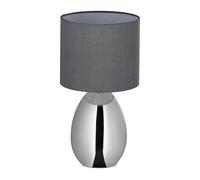 Relaxdays Table Lamp, Metal Base, Fabric Lampshade E14, H x D: 33.5 x 18 cm, Bedside Lamp with Cable, for Bedroom, Silver/Grey