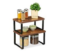 Relaxdays Table Shelf 2-pcs. Set, Kitchen Organiser for Spices, Dishes etc, Stackable, 16 x 30 x 19.5 cm, Brown/Black, Steel