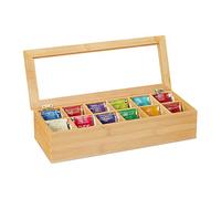 Relaxdays Tea Box, 12 Compartments, Organiser Chest, H x W x D: 9 x 41 x 16 cm, Bamboo, Natural