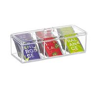 Relaxdays Tea Box, 3 Compartments, Organiser Chest, H x W x D: 9 x 23 x 9.5 cm, Acrylic, Transparent