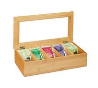 Relaxdays Tea Box, 5 Compartments, Organiser Chest, H x W x D: 9 x 37 x 20 cm, Bamboo, Natural