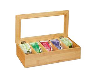 Relaxdays Tea Box, 5 Compartments, Organiser Chest, H x W x D: 9 x 37 x 20 cm, Bamboo, Natural