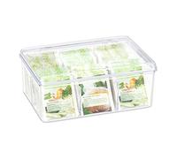 Relaxdays Tea Box, 6 Compartments, 90 Teabags with Hinged Lid, Flavour-Preserving, HxWxD 9 x 21.5 x 14.5 cm, Transparent