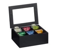 Relaxdays, 6 Compartments, Bamboo, HBT: 9x21,5x16 cm, Coffee Pods, Tea Box with Lid, Dust Protected, Black, 9 x 21.5 x 16 cm