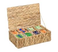 Relaxdays Tea Box, 8 Compartments, Holds 110 Teabags, Woven Organiser, HxWxD: 10 x 33 x 20.5 cm, Water Hyacinth, Natural, Plant fibre