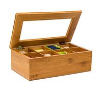 Relaxdays Bamboo Box with 8 Compartments Bag Caddy Wooden with Closable Lid + Window Chest Aroma-Proof Storage for Fresh Tea, Lacquered, Brown, 9 x 28 x 16 cm