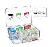 Relaxdays Tea Box, Plastic, 6 Compartments, Organiser, Hinged Lid, 9 x 21.5 x 15 cm, Caddy, Teabag Storage, Transparent