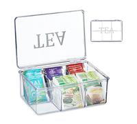 Relaxdays Tea Box, Plastic, 6 Compartments, Organiser, Hinged Lid, Caddy, 9 x 21.5 x 15 cm, Teabag Storage, Transparent