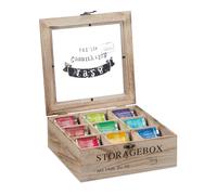 Relaxdays Tea Box, 9 Compartments, Organiser Chest, H x W x D: 9 x 24 x 25 cm, Wood, Natural