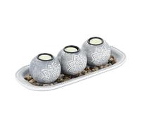 Relaxdays Tea Light, Set with Tray & Stones, 35 cm Long, for Living & Dining Room, Candle Holder, Grey/White, Fibreboard, 8.5 x 35 x 14.5 cm