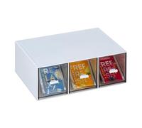 Relaxdays Tea Organiser, 3 Compartments, Plastic, Vertical or Horizontal, Stackable, Tea Dispenser, White/Transparent