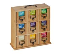 Relaxdays Tea Organiser, 9 compartments, Bamboo, HxWxD: 29 x 30 x 11,5 cm, To Be Placed or Hang Up, Tea Storage, Natural