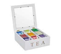 Relaxdays Organiser, 9 compartments, Tea Bag Box, MDF, Acrylic Transparent Window, 9 x 23.5 x 23.5 cm, White/Gold, Bamboo