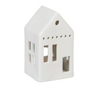 Relaxdays Tealight House Ceramic, Light Through Windows, for 1 Candle, HxWxD: 12 x 7 x 6 cm, Table Decoration, White