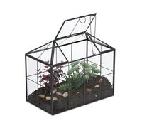 Relaxdays Terrarium, Glass & Tin, House Shape, Succulents, Moss & Air Plants, Mini Greenhouse, Windowsill Decor, Black