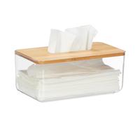 Relaxdays Tissue Box, Bamboo Lid, for Bathroom, Paper Dispenser, HxWxD 10 x 23.5 x 13 cm, Plastic, Transparent/Natural