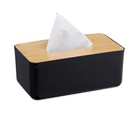 Relaxdays Tissue Box for The Bathroom, Plastic, Wooden Lid, Refillable, 10 x 23 x 13 cm, Dispenser, Wipe Holder, Black