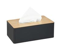 Relaxdays Tissue Box with Bamboo Lid, Refillable, Bathroom, Modern Dispenser, Plastic, 10 x 26 x 14 cm, Black/Natural