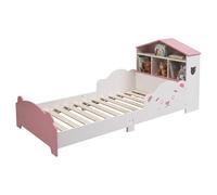 Relaxdays Toddler Bed with House Shelf, Guard Rails & Bear Design, 70x140 cm, White/Pink