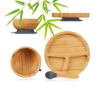 Relaxdays Toddler Tableware Set, with Suction Cup, Plate, Bowl & Spoon, Bamboo, Divided, Baby-Led Weaning, Natural/Grey