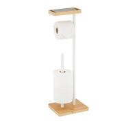Relaxdays Toilet Paper Holder, for 3 Spare Rolls, with Shelf, Bamboo & Metal, 66.5x21x17 cm, Freestanding, White/Natural