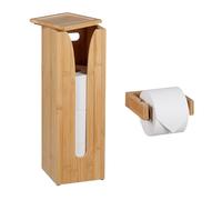 Relaxdays Toilet Paper Holder Set, Bamboo, 4 Spare Rolls, for WC, Wall-Mounted Rod & Standing Storage Shelf, Natural, 43 x 14 x 14 cm