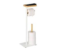 Relaxdays Toilet Paper Holder, Spare Rolls, Iron & Bamboo, HWD: 65x23x18 cm, Free-Standing, with Shelf, White/Natural, Plastic