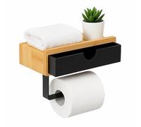 Relaxdays Toilet Paper Holder with Shelf for Phone and Keys, Bamboo & Metal, 18.5x10x13 cm, Black/Natural