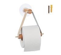 Relaxdays Toilet Paper Holder Wooden with Artificial Leather Band, Bathroom Roll, Modern, HxWxD: 18 x 18 x 8 cm, Natural, Wood