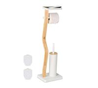 Relaxdays Toilet Roll Holder and Brush Set, 80.5 x 23 x 18 cm, Freestanding, Bathroom Accessories with Shelf, White, Plastic, Iron, Bamboo