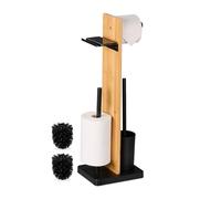 Relaxdays Toilet Roll Holder and Brush Set, Bamboo, 68x27x18 cm, Freestanding, with Shelf, Bathroom Accessories, Black