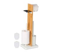 Relaxdays Toilet Roll Holder and Brush Set, Bamboo, 68x27x18 cm, Freestanding, with Shelf, Bathroom Accessories, White, Plastic, Iron