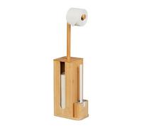Relaxdays Toilet Roll Holder and Brush Set, Bamboo, HxWxD 72.5 x 26 x 15 cm, Freestanding Paper Stand, Bathroom & WC, Plastic