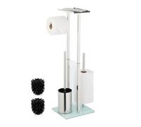 Relaxdays Toilet Roll Holder and Brush Set, Freestanding, Stand with Shelf, HWD: 66x24x18 cm, Stainless Steel, Silver, Iron, Glass
