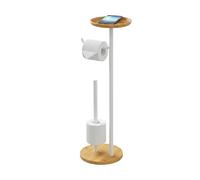 Relaxdays toilet roll holder, spare roll storage, bamboo/metal, HxWxD: 65x25x20 cm, white/natural