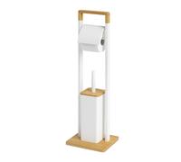 Relaxdays toilet set, bamboo, standing toilet paper holder, toilet brush with holder, 76.5x28x18 cm, white