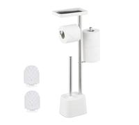 Relaxdays toilet set, HWD: 65.5 x 29 x 11 cm, freestanding toilet roll holder with brush, spare holder, shelf, white